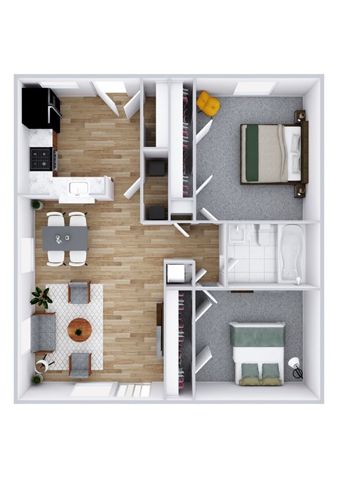 Floor plan for 2 beds, 1 bath, 900 sqft